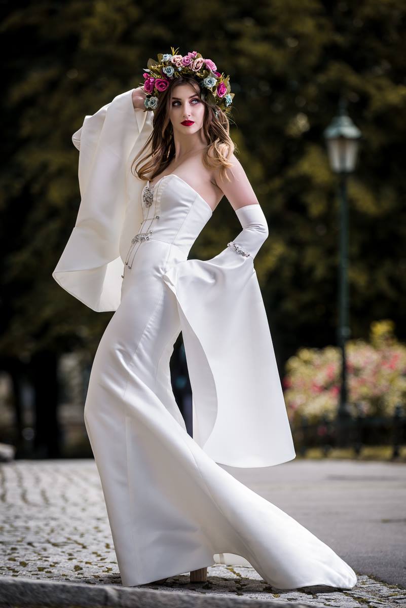 Wedding dress, satin, sleeves, corset, haute courure, designer