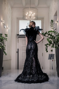 Evening dress, black lace, lace, feathers, stunning, gown, haute couture, designer, dark queen, exclusive, luxury