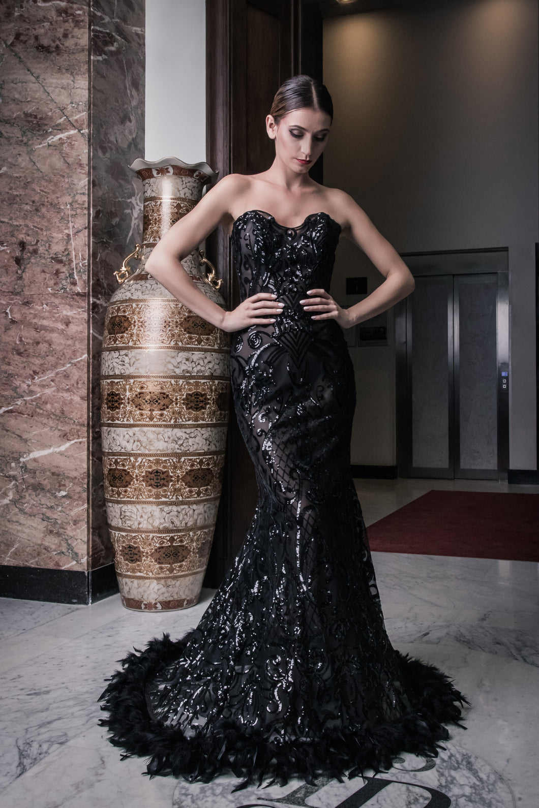 Evening dress, black lace, lace, feathers, stunning, gown, haute couture, designer, dark queen, exclusive, luxury
