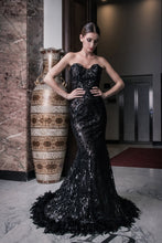 Cargar imagen en el visor de la galería, Evening dress, black lace, lace, feathers, stunning, gown, haute couture, designer, dark queen, exclusive, luxury