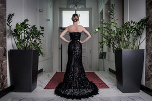 Evening dress, black lace, lace, feathers, stunning, gown, haute couture, designer