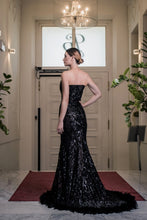 Cargar imagen en el visor de la galería, Evening dress, black lace, lace, feathers, stunning, gown, haute couture, designer