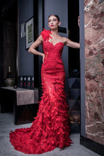 Load image into Gallery viewer, Ewa Stepaniuk red evening dress, designer, corset, red dress, sexy, lace, deep cut, dolce&amp;gabbana, haute coture, versace, fashion, Alexander McQueen, dior, chanel